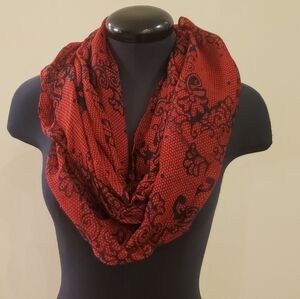 Chic Red and Black Floral Infinity Scarf Semi Sheer